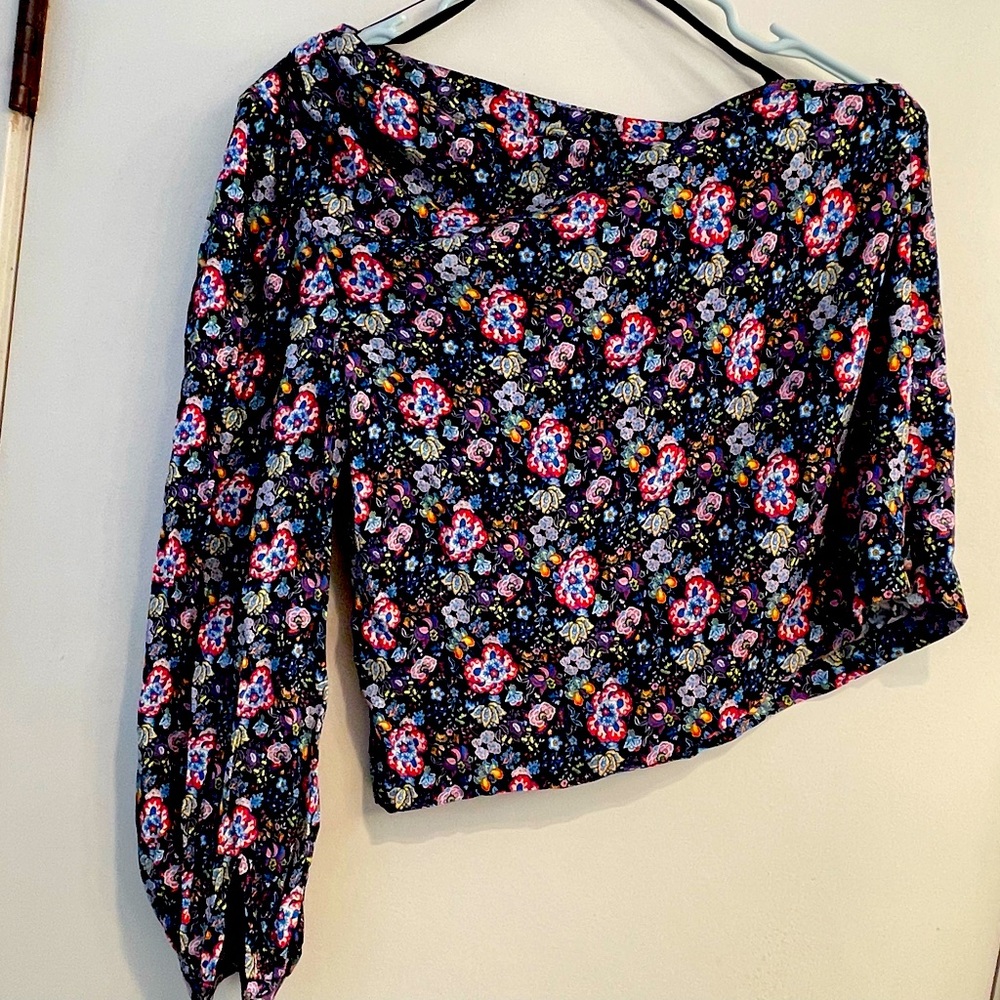 Frame XS Single Sleeve & Shoulder Blue Floral Print Top - Picture 1 of 15